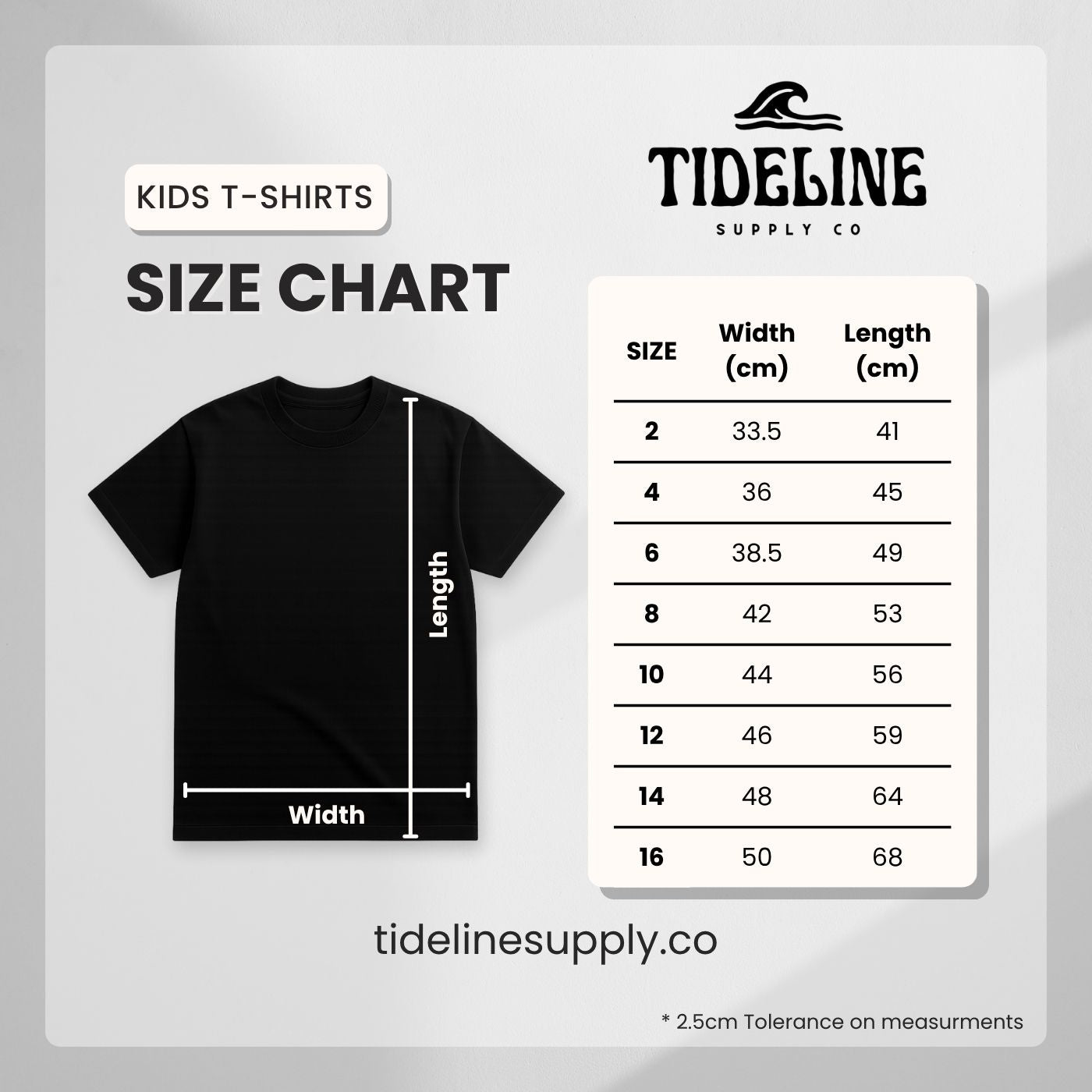 Tideline Supply Co T-shirt size chart with measurements and sizes for kids and youth shirts