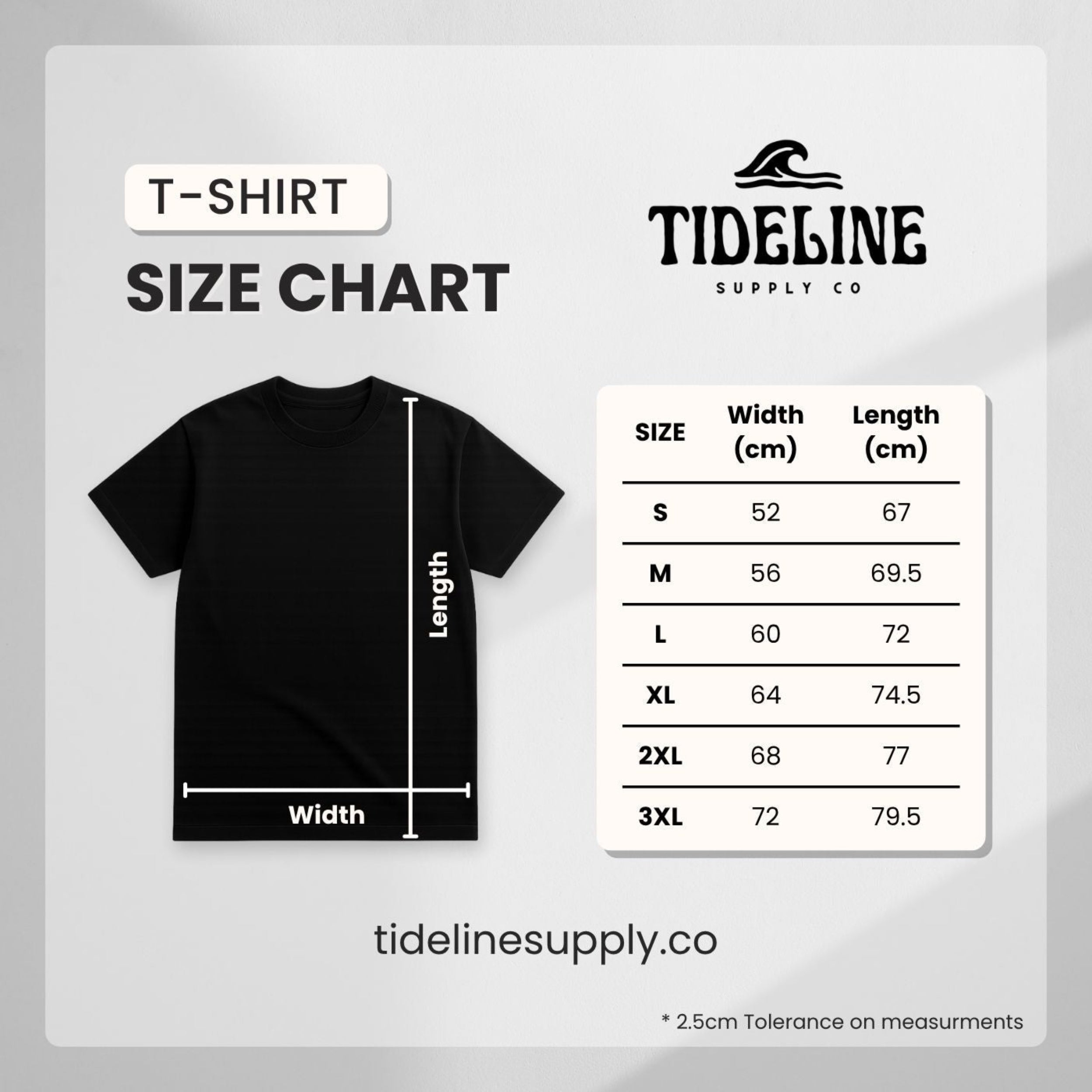 Tideline Supply Co T-shirt size chart with measurements and sizes