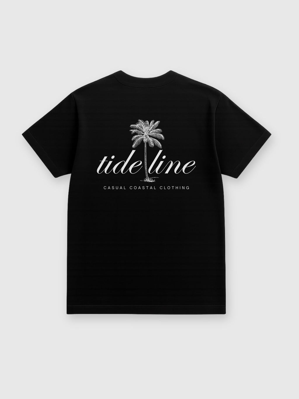 Back view of the Paradise Beach Tee showing the large, bold Tideline text logo coastal graphic print.